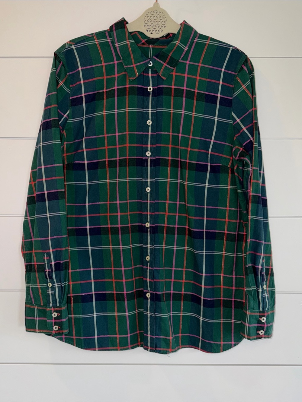 Talbots Green Plaid Flannel Shirt L Large Metallic Lurex Holiday Preppy Cozy